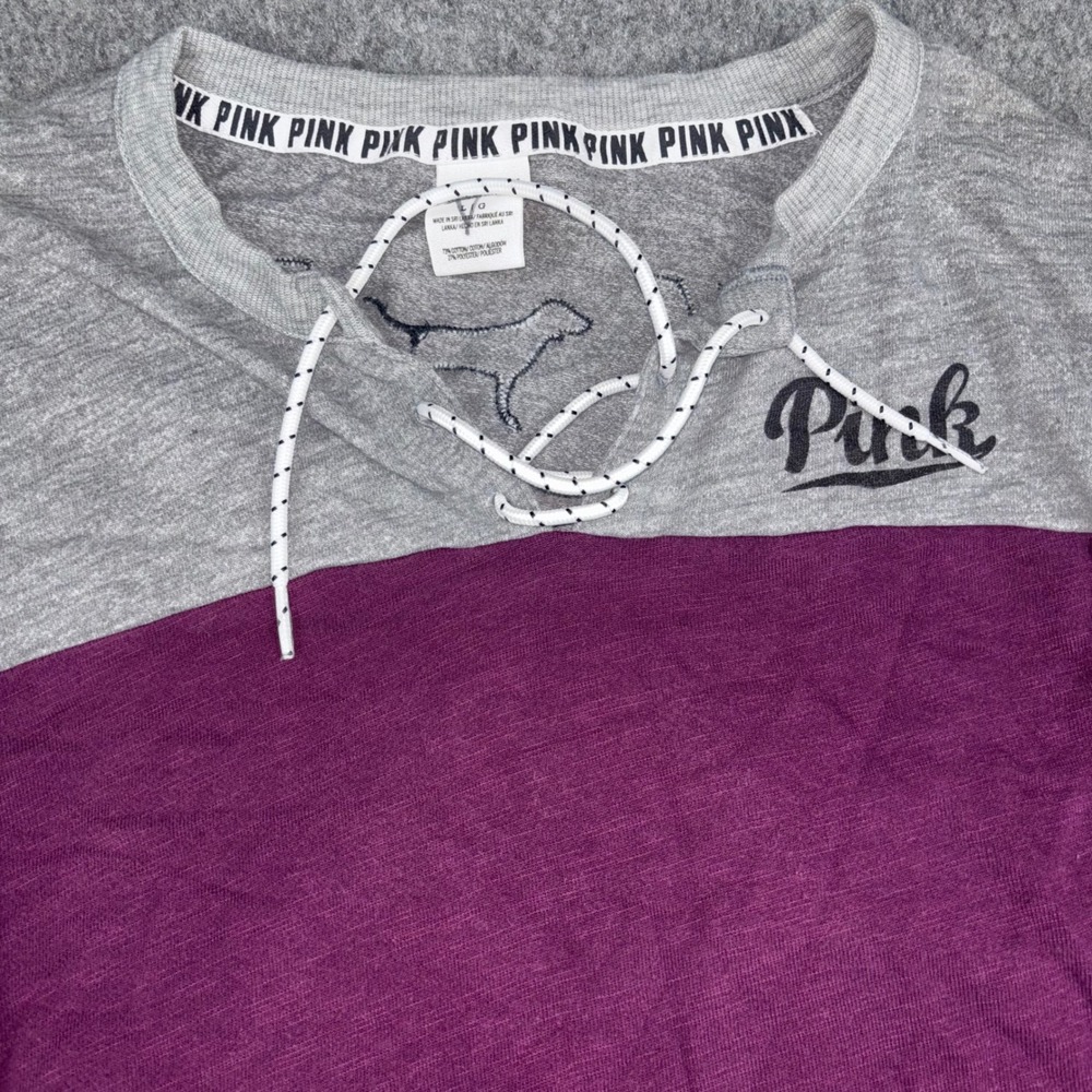 Pink Victoria's Secret Top Womens Large Purple Grey Lace Up Long Sleeve Pullover